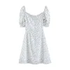 Elegantes Blumendruck-A-Linien-Kleid Puff Kurzarm Mini-Frauen-Fliege rückenfreies Chiffon-Sommerkleid Robe Femme 210515