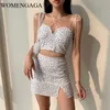 Summer Girl Female Beach Lace Up Vintage Sexy Shoulder Strap Tank Tops+sexy Womens Mini Split Skirt Set TR5K 210603