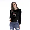 Deer Embroidery Split Hem Loose Womens Sweatshirt Long Sleeve Round Neck Large Size Crop Top Autumn Clothing Hoodies White Black 210507