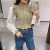 Za Patchwork Shirred Cropped Shirt Women Long Puff Sleeve Ruffle Smocked Elastic Top Female Chic Button Up Vintage Blouse 210602