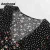 Aachoae Chic Floral Et Dot Imprimer Patchwork Mini Robe Femmes Vintage À Manches Longues Volants Robe Dames Une Ligne Robes De Soirée 210413