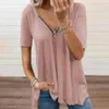 Kvinnor Sommar Sexig V-Neck Zipper Solid Kortärmad T-shirt Casual Vintage Loose Screw Thread Basic Office Lady 210428