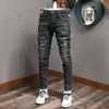 Italian Fashion Men Jeans Retro Black Gray Elastic Slim Fit Ripped Denim Trousers High Quality Streetwear Vintage Designer Pants