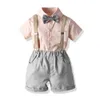 الأولاد ملابس طفل أطفال الصلبة قميص مع القوس + رمادي قصيرة + حزام 4 قطعة الصبي عارضة اللباس أزياء الصيف كيد الملابس القطن x0802