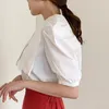 Koreański elegancki lato puff z krótkim rękawem kobiety koszule bawełna potargająca bluzka kobiety casual moda topy kobiece odzież blusas 13848 210512