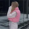 女性のエレガントなウィストコートの短いピンクベストコートダブルウェア軽量アウトウェア全てのマッチコットンパッド入りノースリーブトップ210521