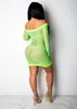 Sexy neon groene zomer strand jurk vrouwen uit de schouder lange mouw bodycon mesh uitgehold clubwear mini vestidos 210517