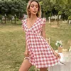 Kobiety Lato Sexy V Neck Sukienki Tunika Plaża Party Sun Mini Dress Black Red Blue Plaid Ruffles Krótki Rękaw Sundress Kobieta 210415