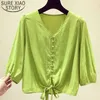 Fashion Women Blouse Casual Women Tops Summer Short Sleeve Green and White Chiffon V-neck Women Clothing 5391 50 210527