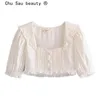 Fashion Casual Chic Single-breasted Cotton White Crop Tops Women Bolgger Style Square Collar Lace Short Sleeve Blouses 210508