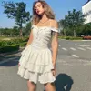 Nibber Fashion Elegant Bow Pure Color Off Shoulder Ruffle Mini Dress Summer Party Birthday Festival French Romantic Dress Women Y0726