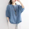 Sommarkonst Style Kvinnor Batwing Sleeve O-Neck T-shirt Drawstring Design Bomull Lös Tee Femme Toppar Stor storlek M121 210512