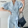 Turn Down Collar Puff Short Sleeve Jumpsuits Women High Waist Hip Bodysuits Summer Work Style Ol Solid Playsuit 210422