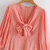 Casual Frau Rosa V-ausschnitt Bogen Baumwolle Mini Kleid Frühling Mode Damen Puff Sleeve es Weibliche Süße A-Linie 210515