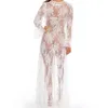 Saida De Praia Pareo Beach Tunics Sexy Full Lace Bikini Cover Ups White Robe Plage Transparent Kaftan With Waistbelt Oversize Women's Swimwe