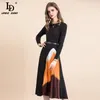 Ld linda della spring autum moda pista vintage elástico de malha vestido mulheres manga longa patchwork plissado elegante MIDI vestido x0521