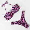 OMKAGI Leopard Bikini Set Bandeau High Cut Solid Swimsuit Swimwear Women Sexy Push Up Bathing Suit Beachwear 210702