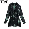 TRAF女性のファッションベルトクロスオーバージャカードブラウスビンテージ長袖サイドベント女性シャツBlusas Chic Tops 210415