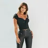 Frauen T-Shirt Off-the-Schulter Crop Top Sommer Sexy Damen Kurzarm Rüschen Bogen Knoten Spitze Up High Street kleidung 210522