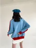 Gesticktes übergroßes Sweatshirt häkeln blauen Kragen Hoodie für Teenager-Mädchen Patchwork lose Pullover Frauen 210427