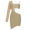 Kvinnor Sexig Långärmad Singel Khaki Elegant Bandage Dress Ladies Sparkly Celebrity Bodycon Party Vestido 210527