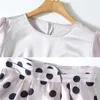 Fashion Puff Sleeve Blouse Top + Polka Dot A-Line Skirt Women's Solid Bright Silk Shirt Midi Skirts Two Piece Set Summer Outfit 210416