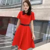 Red Patchwork Lace Elegant Dress For Women O Neck Short Sleeve High Waist Sashes Slim Midi Dresses Female Fashion Style 210531