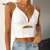 White Secy Hollow Out Vests For Women V Neck Sleeveless Casual Solid Ruched Slim Camis Female Summer Fashion Clothing 210531