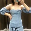 Kadınlar Seksi Moda Geri Fermuar Denim Mini Elbise Vintage Slash Boyun Kısa Kollu Kadın Elbiseler Vestidos Mujer 210507