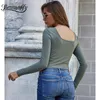 Square Neck Rib-knit Solid Crop Top Women Spring Long Sleeve Black Slim Tees Female Streetwear Casual T-Shirt 210510