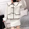 PERHAPS U Women Black White Brown Faux Woolen Horn Button Mini Skirt Pencil 2 Two Pieces Set Elegant Winter T0310 210529