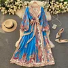 Neploe Vintage Stampa vacanze Vestito da festa Bohemian Dress da donna a vita alta Hip Sashes A Line Long Vestidos V Neck Manica lunga Robe Slim X0705