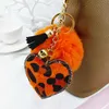 Creative Tassel Heart Pompom Keychain Small Gift Rhinestone Leopard Print Flannel Unique PU Leather Love Style Imitation Rabbit Hair PomPoms Keychains