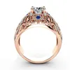 Wedding Rings 2021 Fashion Luxury Rose Gold Color Blue Zirconia Hollow Flower Ring For Women Female Engagement Party Jewelry R496