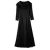 Spets patchwork klänning för kvinnor sommar stor storlek A-line medium längd klänningar pläterad fast färg 2d3934 210526