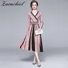 Fashion Autumn Sparkling Sweater Women Long Sleeve V-Neck Striped Pullover Knitted Dress Female Pleated Mid-Calf Vestidos 210416