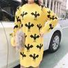 Women Stand Neck Knitted Pullovers Long Sleeve Knee Length Yellow Bird Loose Straight Winter Dress M0770 210514