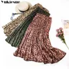 Leopard Print Pleated Skirts Women Spring Summer chiffon Midi Long Korean Elegant High Waist A-line Sun Skirt Female 210608