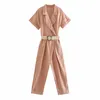 Spring Women Jumpsuit Belt Notched Collar Jumpsuits Female Fashion Casual Clothes 210517