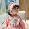 Girls Spanish Lotia Pink Dress with Headwear Toddler Long Sleeve Embroidery Spain Ball Gowns Eid Baptism Party Clothes 210615