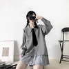 Korte rok pak vrouwen lente koreaanse preppy stijl casual los gedrukt shirt met stropdas + geplooide tweedelige sets 210526