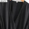 ZEVITY Kadınlar Vintage Çapraz V Boyun Katı Rahat Ince Lace Up Kimono Mini Elbise Bayanlar Chic Uzun Kollu Sashes Vestido DS4964 210603