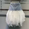 Irregular Mesh Patchwork Denim Skirt Women's Spring High Waist Showing Thin Fairy A-line Trend 5B249 210427