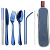 식기 세트 휴대용 재사용 가능한 칼 붙이 세트 여행 캠핑 식기 용품 숟가락 포크 젓가락 짚 및 가방 210706