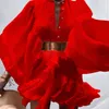 Seksi Kadınlar Zarif Gündelik Elbise Batwing Kol Ruffles Yüksek Bel Sashe Vintage Elbise ile