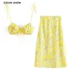 Rétro Feuilles Vertes Imprimer Noeud Papillon Laçage Sangle Soutien-Gorge Crop Top Sexy Femmes Jaune Midi Jupe Longue Vacances Débardeurs 2 Pièces Ensemble 210730