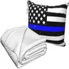 Blankets Blue And White American Flag Travel Pillow Blanket Two-in-one Backpack Strap Compact Airplane Bag Waist Support 60x43 Inches