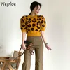 Maglione lavorato a maglia a maniche corte con scollo a O da donna modello leopardato slim fit pull femme tuta invernale tutto abbinato 210422