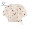 Streetwear Floral Haft Bow Lace Up Bluzka Kobiety Lato Vintage Puff Krótki rękaw Koszulki Wszystkie mecz Sweet Tops 210515