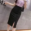 Тонкий офис женщины юбка летние женщины A- Line средней длины высокой талии одноступенчатый черный корейский повязка 880i 210420